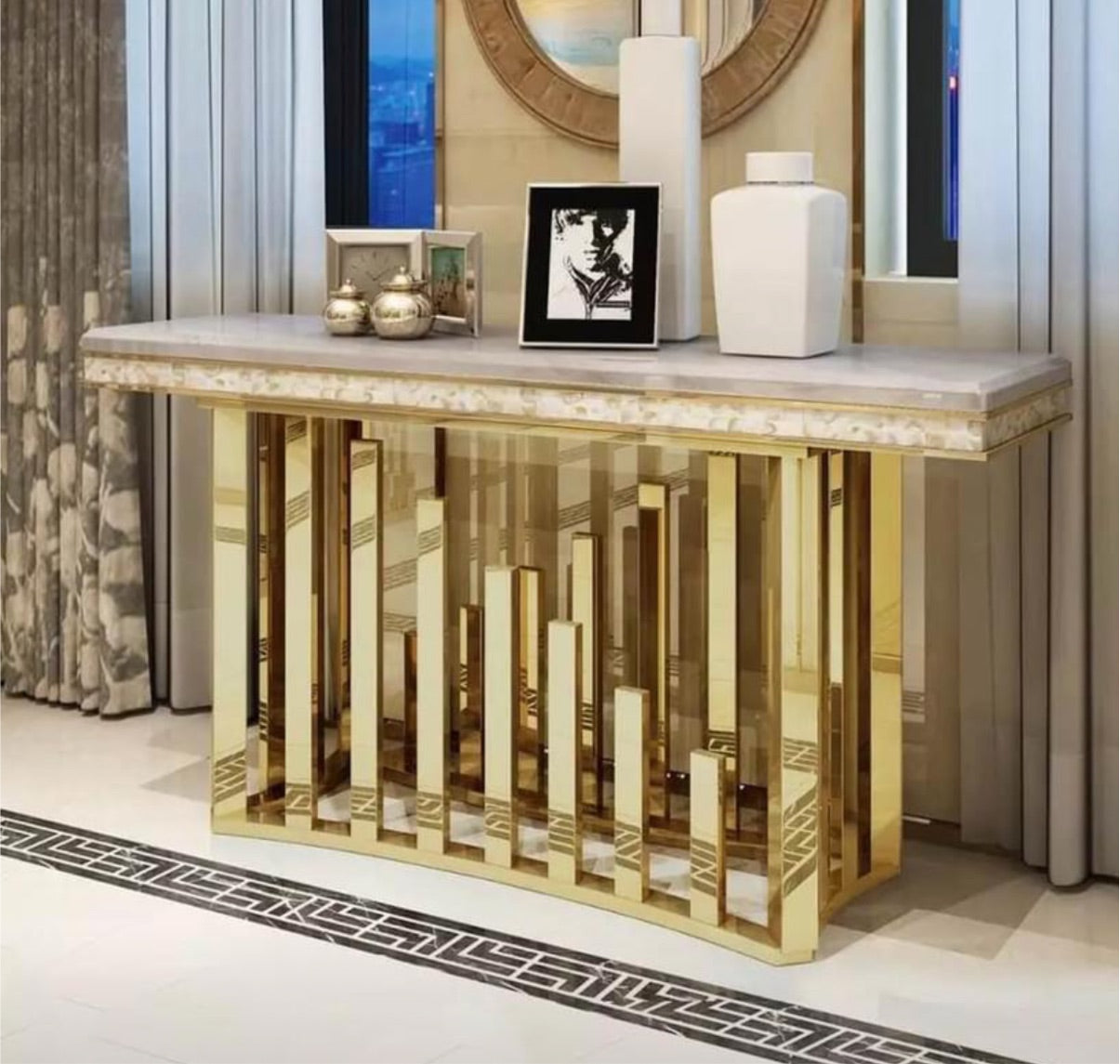 Super Luxury Gold Cage Base Shell Marble Top Console Table